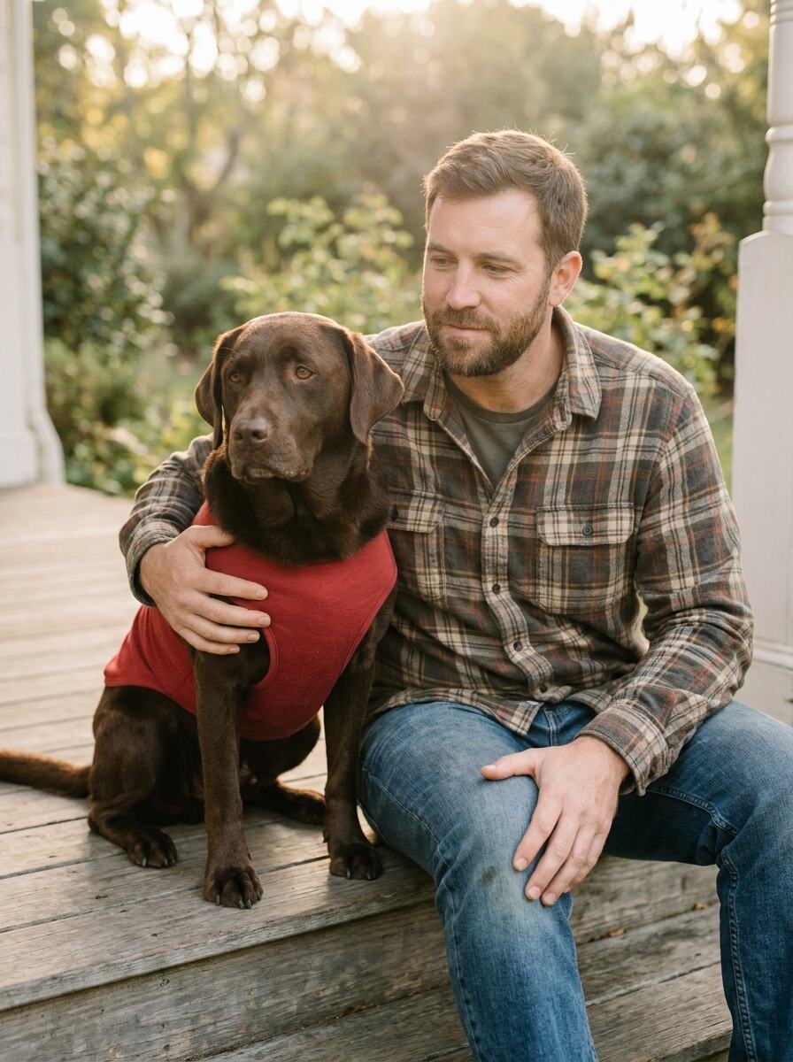 A handler sitting on porch steps with his arm around a chocolate Labrador in a red vest